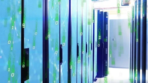 Server racks lining blue-lit aisle, camera moving forward causing green binary Stock Footage 331227155