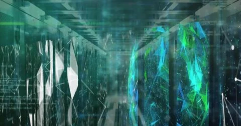 Server racks lining corridor amid code streams and holographic sphere hovering 库存照片