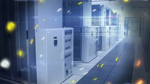 Server racks lining datacenter aisle receiving data, spawning glowing tokens Stock Footage 332686129