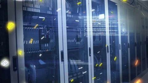 Server racks lining server room, camera panning causing glowing labels showing Stock Footage 332686090