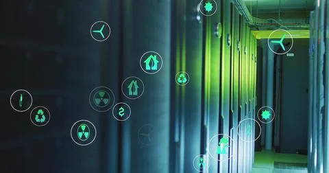 Server racks lining tech corridor between cable trays and floor, with floating Foto stock