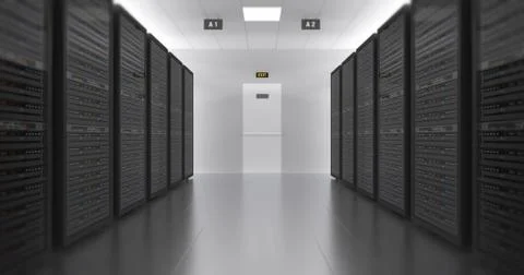 Server Racks In a Modern Data Center. Technology Related 4K 3D Render. 스톡 일러스트