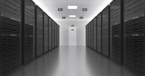 Server Racks In a Modern Data Center. Technology Related 4K 3D Render. Illustrazione stock