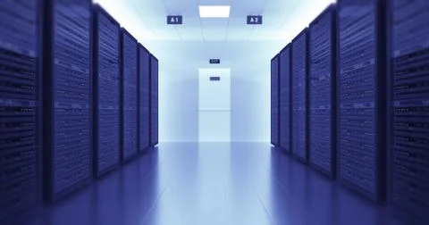 Server Racks In a Modern Data Center. Technology Related 4K 3D Render. Stock Illustration