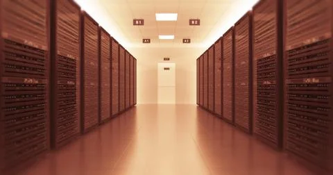 Server Racks In a Modern Data Center. Technology Related 4K 3D Render. Stock Illustration