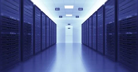 Server Racks In a Modern Data Center. Technology Related 4K 3D Render. Illustrazione stock