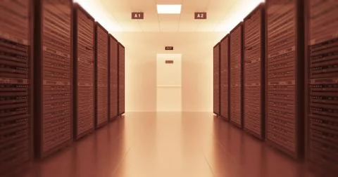 Server Racks In a Modern Data Center. Technology Related 4K 3D Render. Illustrazione stock