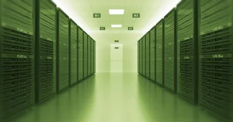 Server Racks In a Modern Data Center. Technology Related 4K 3D Render. Stock Illustration