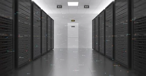 Server Racks In a Modern Data Center. Computer Racks All Around. Illustrazione stock