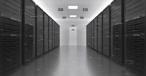 Server Racks In a Modern Data Center. Computer Racks All Around. Stock Illustration