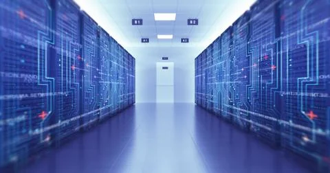 Server Racks In a Modern Data Center. Computer Racks All Around. Flying Circuits Illustrazione stock