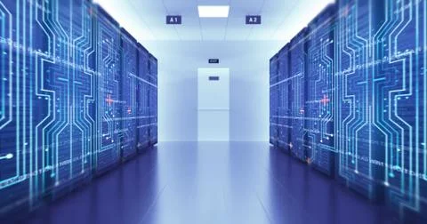 Server Racks In a Modern Data Center. Computer Racks All Around. Flying Circuits Illustrazione stock