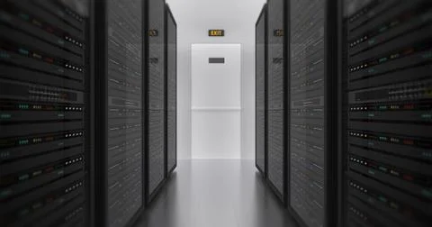 Server Racks In a Modern Data Center. Technology Related 4K Cg Render. イラスト素材