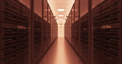 Server Racks In a Modern Data Center. Technology Related 4K Cg Render. Illustrazione stock