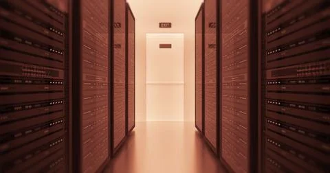 Server Racks In a Modern Data Center. Technology Related 4K Cg Render. Illustrazione stock