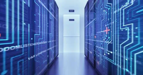 Server Racks In a Modern Data Center. Computer Racks All Around Flying Circuits Stock Illustration