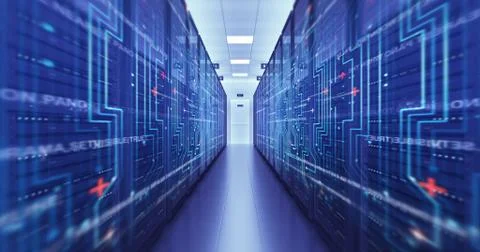 Server Racks In a Modern Data Center. Computer Racks All Around Flying Circuits Illustrazione stock