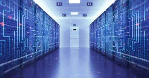 Server Racks In a Modern Data Center. Computer Racks All Around. Render. Stock Illustration