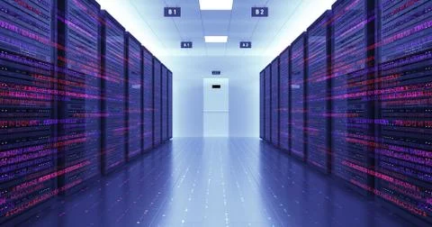 Server Racks In a Modern Data Center. Computer Racks All Around. Illustrazione stock