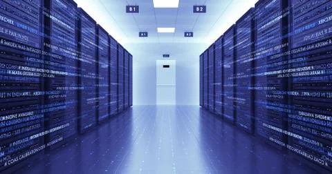 Server Racks In a Modern Data Center. Computer Racks All Around. Illustrazione stock