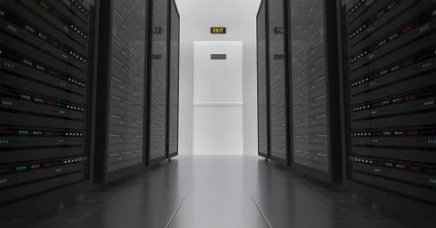 Server Racks In a Modern Data Center. Technology Related 4K Cg Render. Stock Illustration