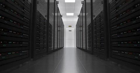 Server Racks In a Modern Data Center. Technology Related 4K Cg Render. Illustrazione stock