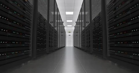 Server Racks In a Modern Data Center. Technology Related 4K Cg Render. Stock Illustration