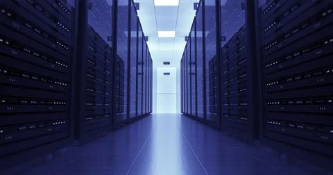 Server Racks In a Modern Data Center. Technology Related 4K Cg Render. Illustrazione stock