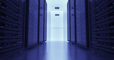 Server Racks In a Modern Data Center. Technology Related 4K Cg Render. Illustrazione stock