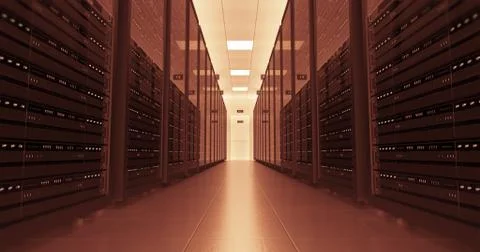 Server Racks In a Modern Data Center. Technology Related 4K Cg Render. Illustrazione stock