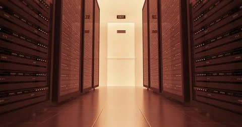 Server Racks In a Modern Data Center. Technology Related 4K Cg Render. Illustrazione stock