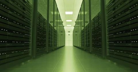 Server Racks In a Modern Data Center. Technology Related 4K Cg Render. Illustrazione stock