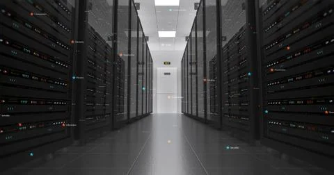 Server Racks In a Modern Data Center. Computer Racks All Around. Illustrazione stock