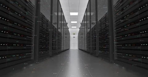 Server Racks In a Modern Data Center. Computer Racks All Around. Illustrazione stock