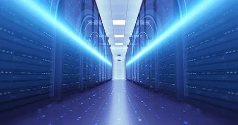 Server Racks In a Modern Data Center. Computer Racks All Around Flying Circuits Illustrazione stock