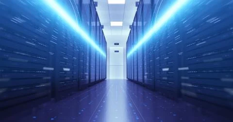 Server Racks In a Modern Data Center. Computer Racks All Around Flying Circuits Illustrazione stock