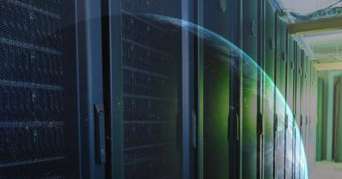 Server racks in modern data center with digital globe overlay for global Stock Photos