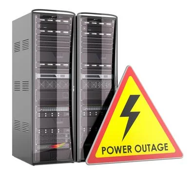Server racks with power outage warning sign. Data center blackout concept, .. Stock Illustration