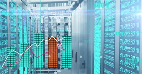 Server racks projecting green code, grid sliding, bars growing teal, lines Stock Footage 311225233