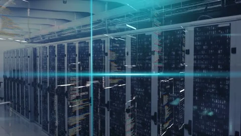 Server racks reacting to cyan vertical glow and sweep, HUD panels scrolling to Stock Footage 335651803