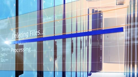 Server racks receding in data center aisle, deleting files starting blue Stockbeeldmateriaal 332704311