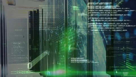 Server racks receiving animated globe and scrolling code, green scanline pulsing Stock Footage 333965418