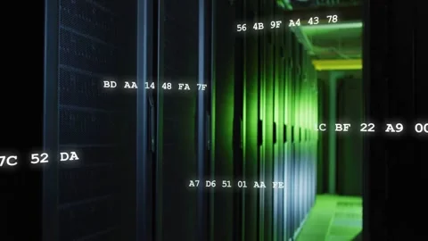Server racks receiving hex overlays appearing, codes streaming diagonally, Stock Footage 333368076
