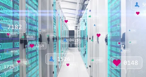 Server racks scrolling teal code causing social icons floating forward showing Stock Footage 329989716