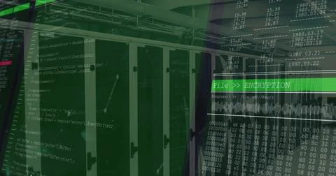 Server racks showing code overlay and waveform in data center, hex dump, File  Stock Illustration