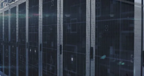 Server racks showing LED lights and patch panels in 3D render, with overlaid 動画素材 309099364
