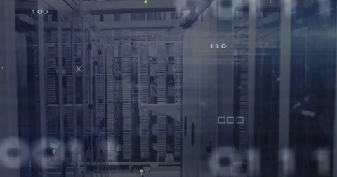 Server racks showing neat cable trays and patch panels, floating binary digits Video stock 307468668