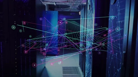 Server racks showing network overlay in data center, data flow driving nodes, Stock Footage 332867144