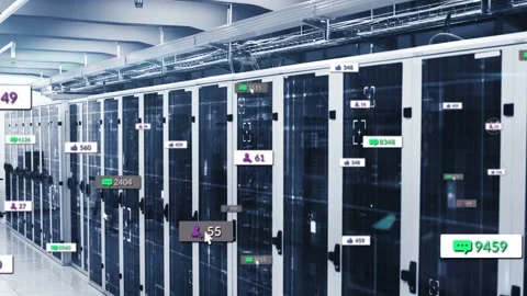Server racks showing overlays in data-center, pointer hovering tags and Stock Footage 332666899