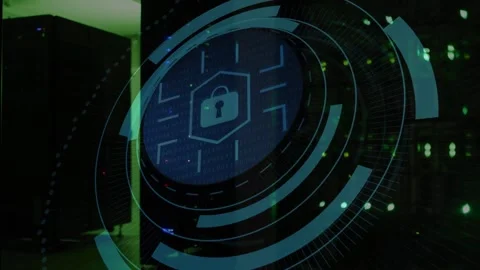 Server racks sitting in dim datacenter aisle, security HUD appearing, expanding, Stock Footage 332577662